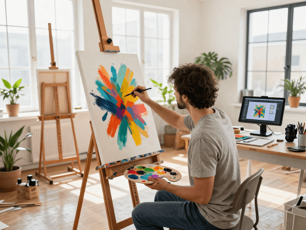 Artist expressing creativity with AI slut art techniques in a vibrant studio.
