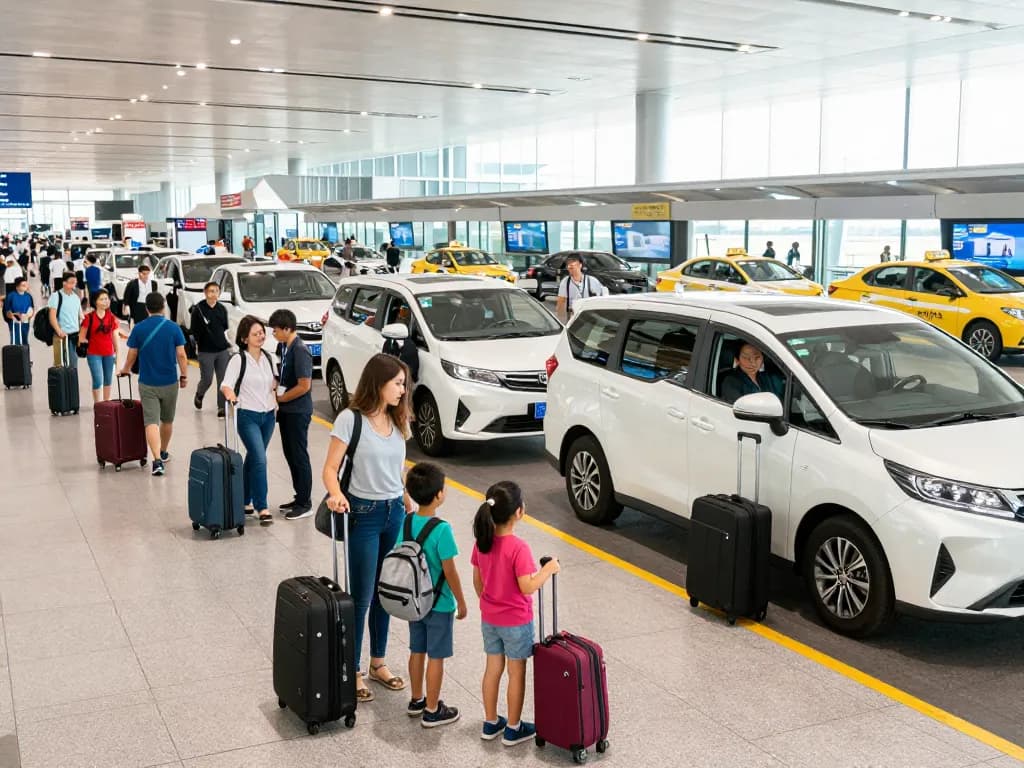 Airport transfers in a lively terminal scene with families and professional drivers assisting travelers.