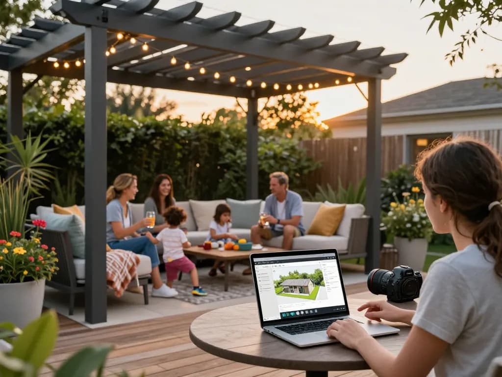 Family under a stylish pergola configurator, enjoying drinks and outdoor living.