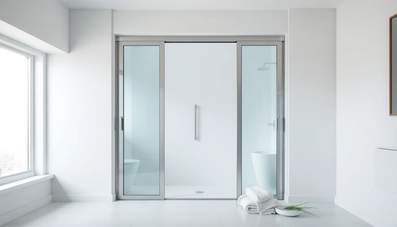 Elegant sliding shower doors enhancing a modern bathroom space with minimalist design.