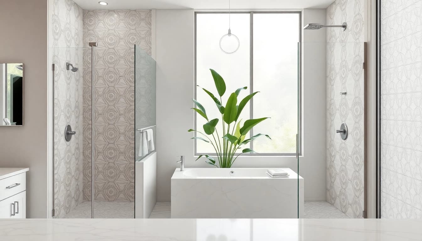 Explore elegant showers in a luxurious bathroom setting with intricate details and serene lighting.