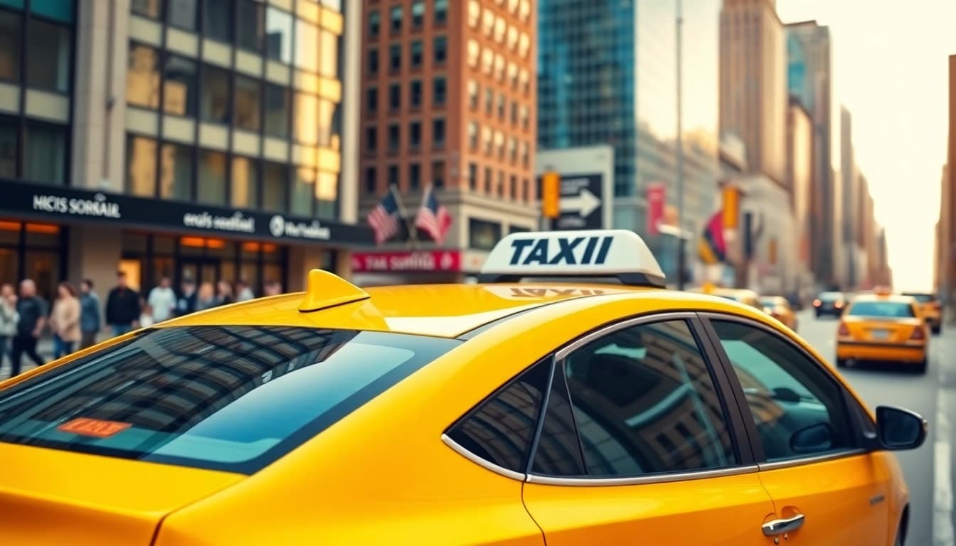 Taxi service in a vibrant city, showcasing a modern yellow taxi amid bustling streets.