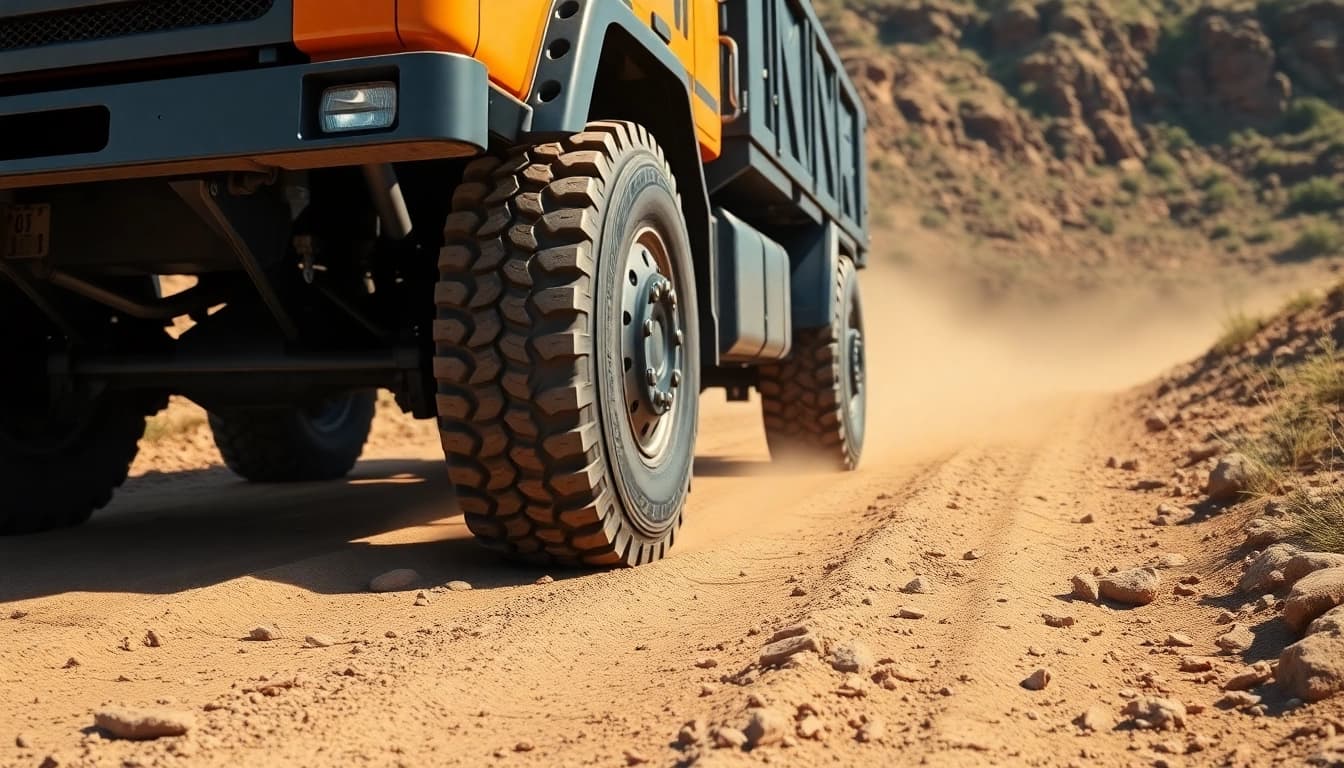 Heavy-duty truck with RR99 tires navigating rugged terrain, showcasing durability and reliability.
