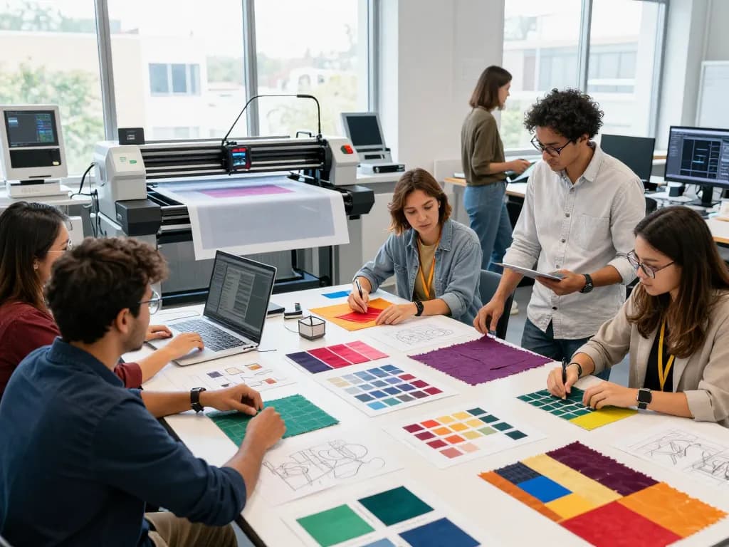 Sunwin textiles team collaborating on innovative fabric designs in a vibrant studio.