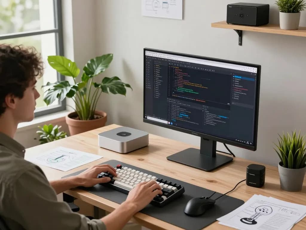 Professional workspace featuring a mac mini setup with code on screen and a modern office vibe.