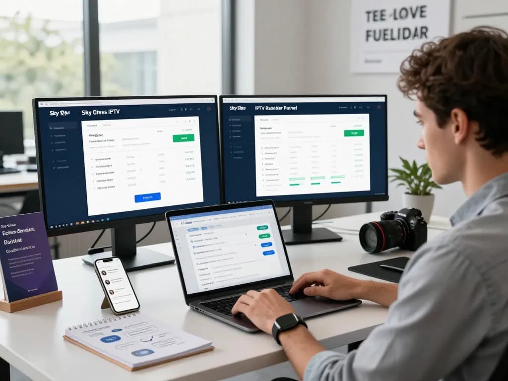 Engaged entrepreneur using Sky Glass IPTV Reseller Panel in a modern workspace, showcasing dynamic subscription management and analytics.