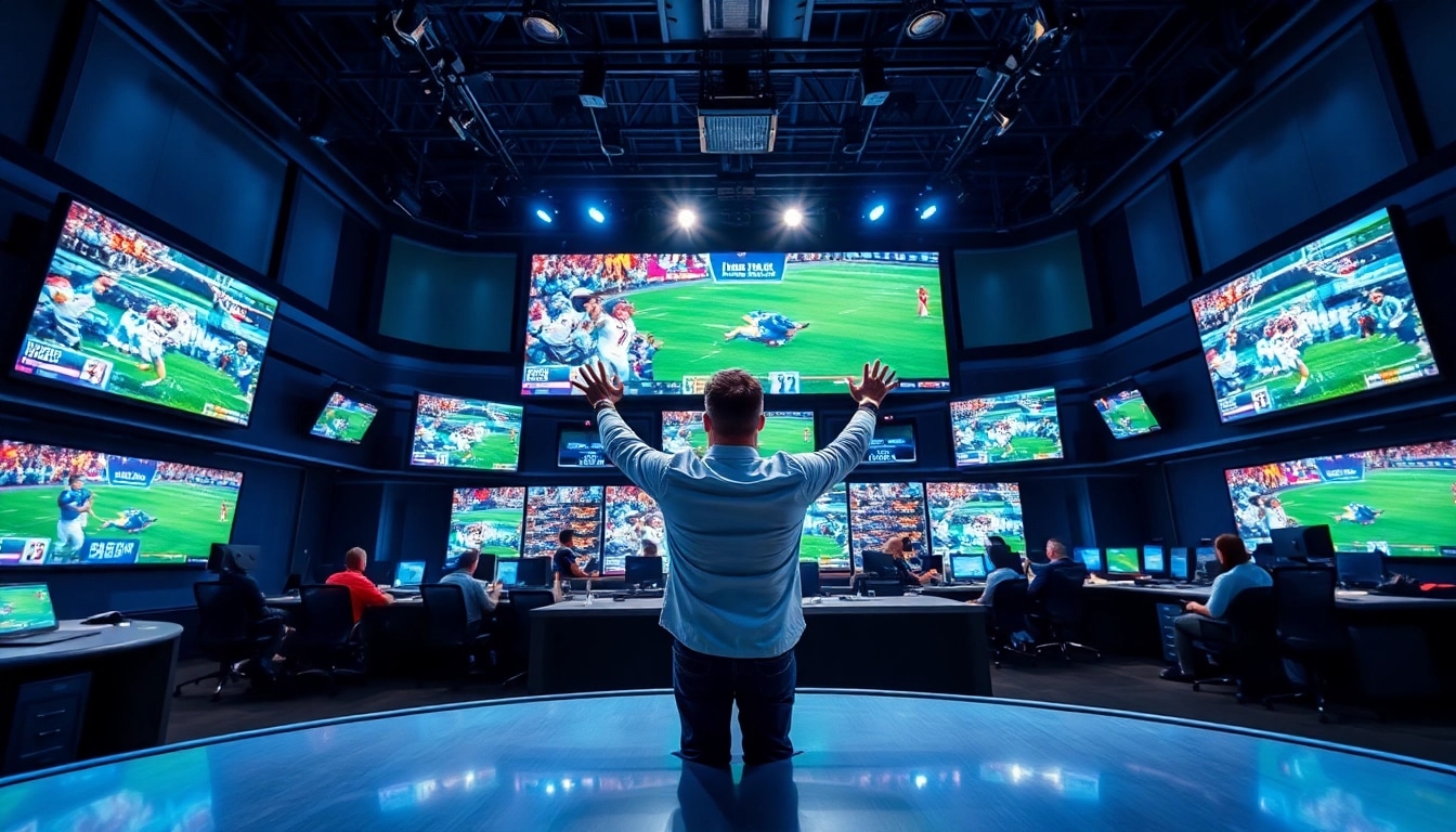 Engaging sports broadcasting studio showcasing live events with dynamic lighting.