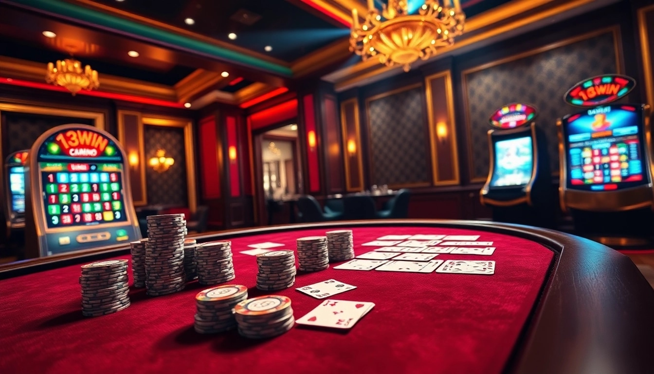 Experience luxury gambling at 13win with poker tables and vibrant slot machines.