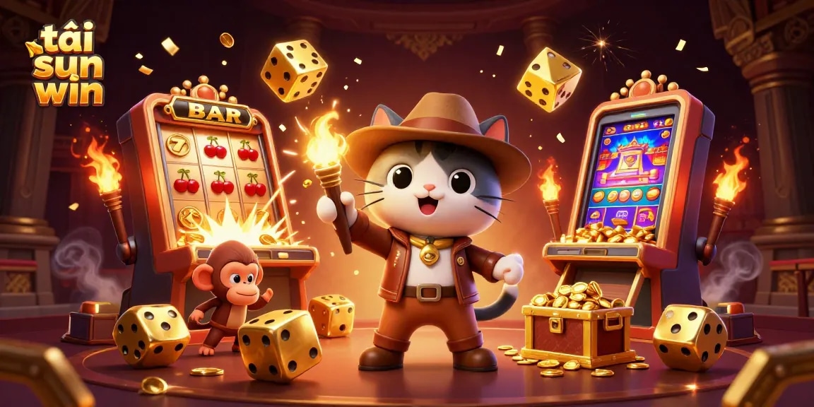 Tải sun win features a 3D cartoon archaeologist cat and monkey discovering treasures in a casino-themed temple.