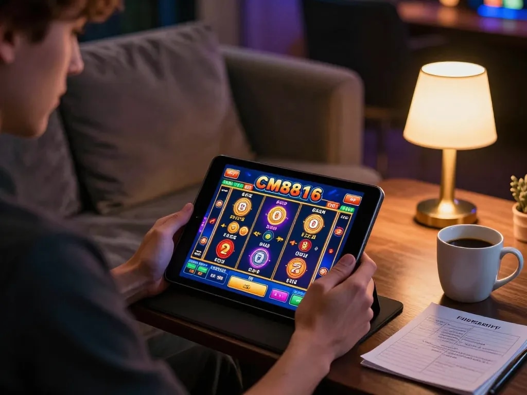 Experience excitement at nhà cái CM88 while playing on a tablet at home with warm lighting.