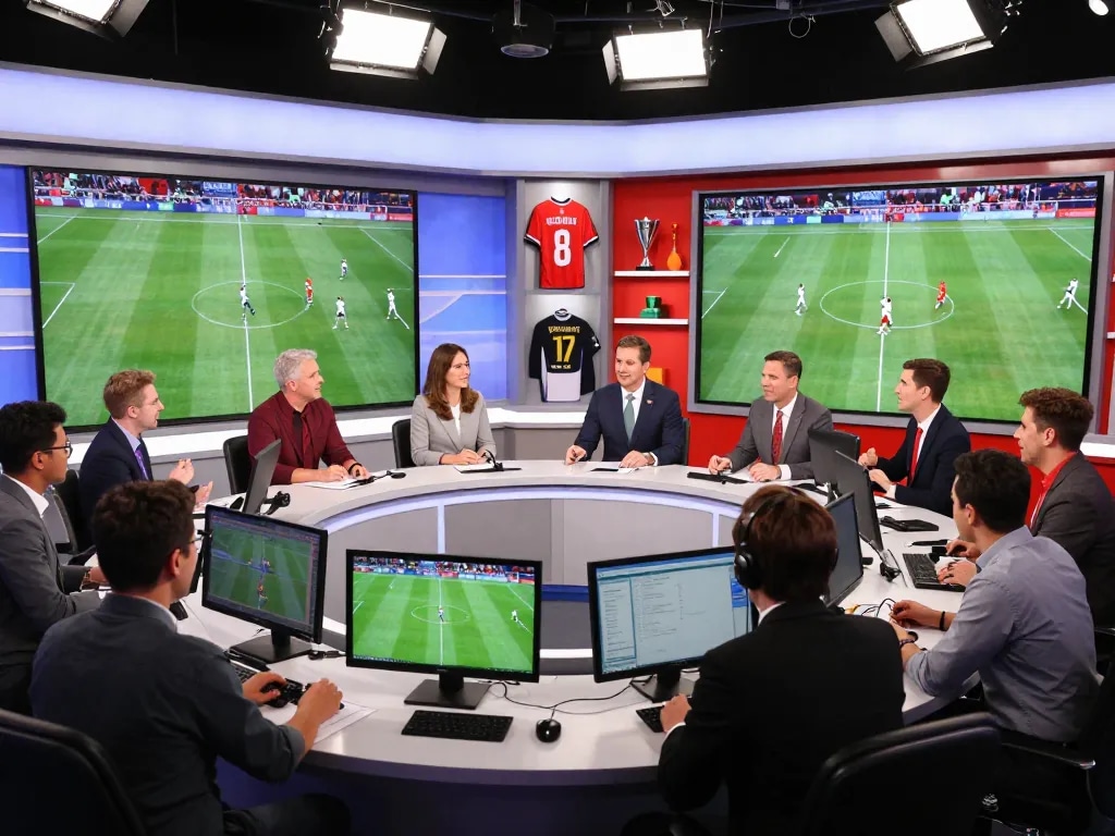 Okwintv live football broadcasting studio with analysts and enthusiastic fans creating an engaging atmosphere.