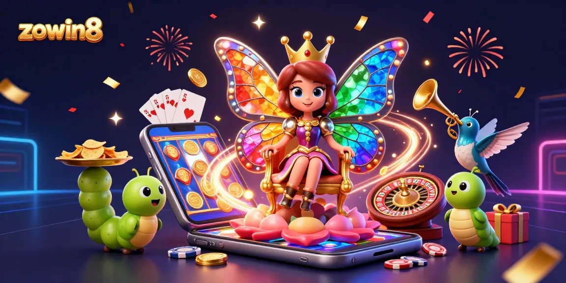 Join the magical world of zowin8 where the butterfly queen oversees a dazzling casino scene.