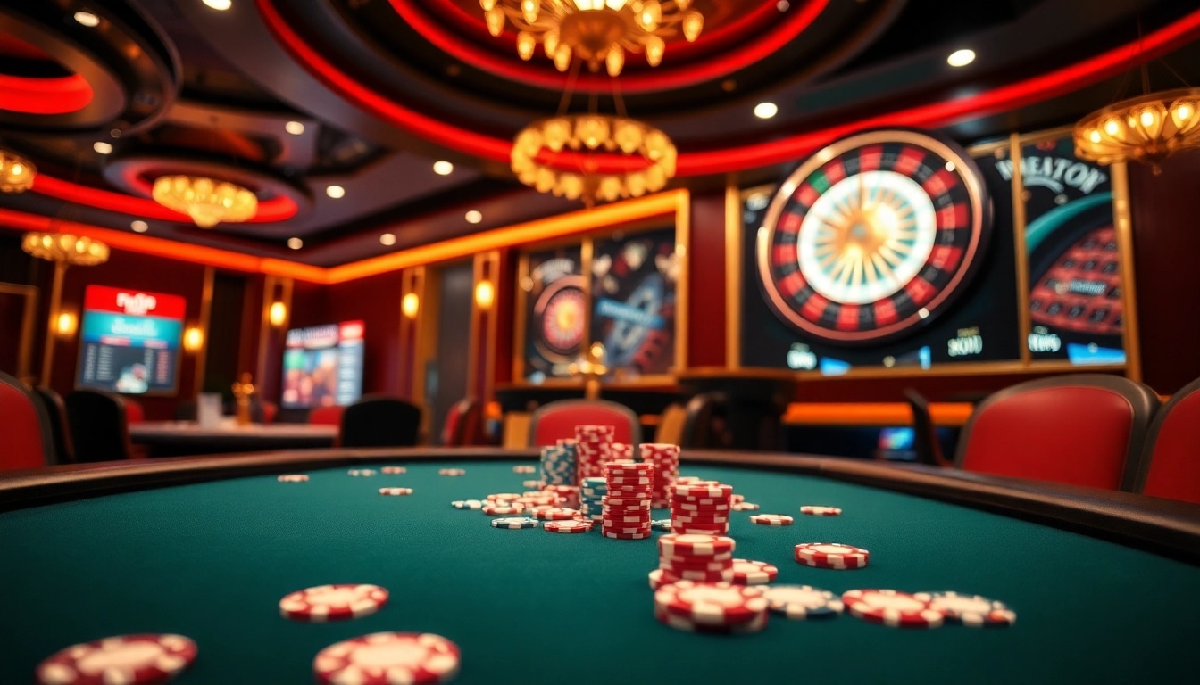 Experience thrilling gameplay at S8esra, featuring poker tables and roulette wheels.