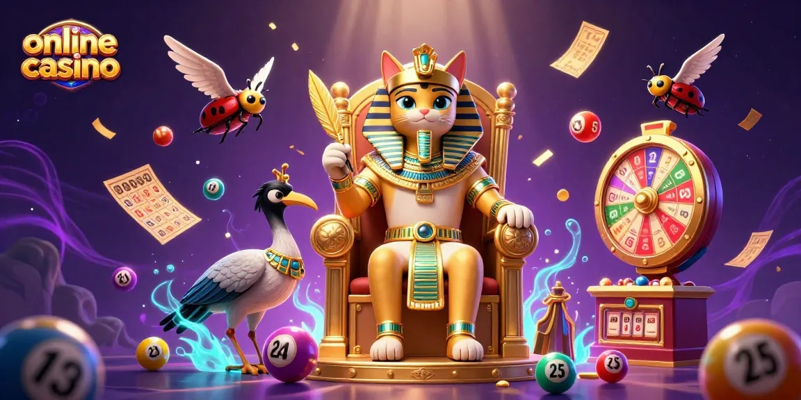 Experience the thrill of an online casino with a vibrant 3D scene featuring a pharaoh cat and lively gaming elements.