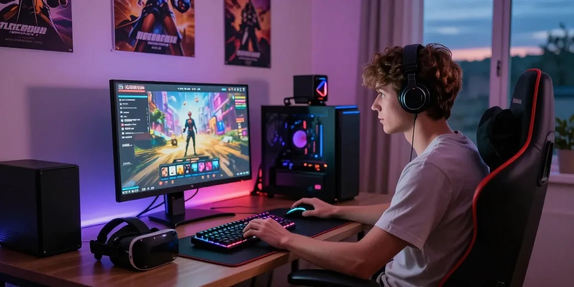 Engaging scene of a young adult gaming at home, showcasing a captivating porn game online setup.