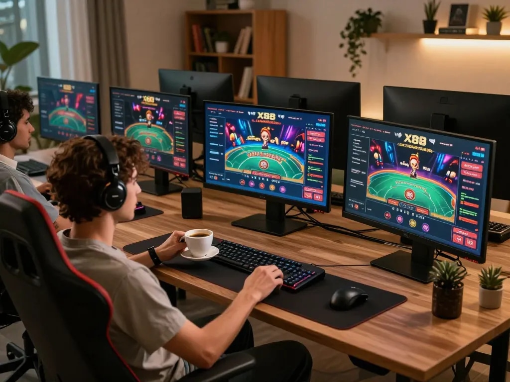 An engaged player enjoying dynamic gameplay on X88 online casino interface in a cozy home setting