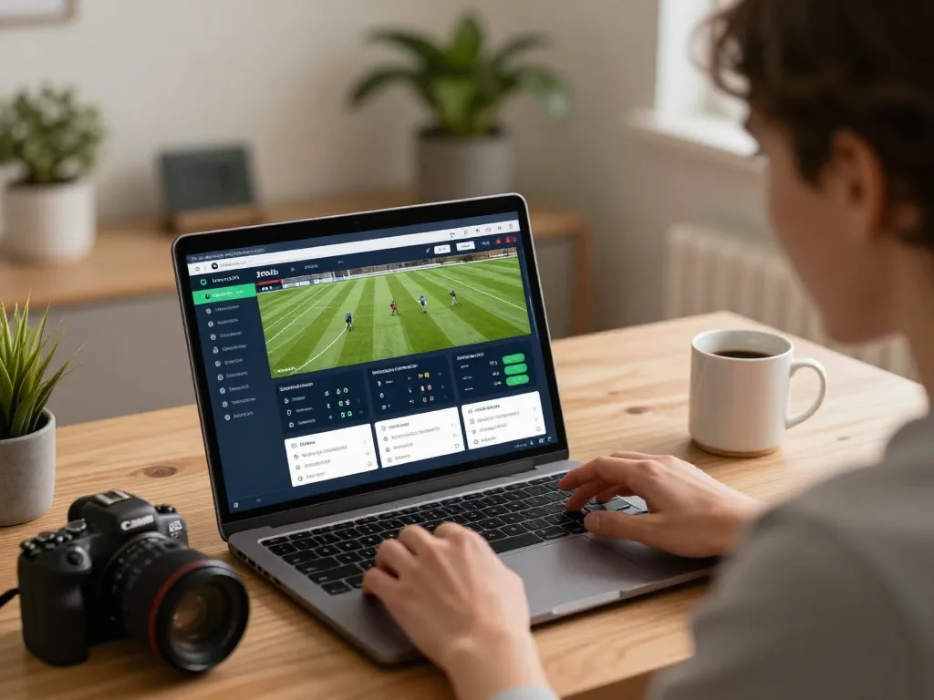 Engaging with kết quả bóng đá on a laptop during live sports betting.