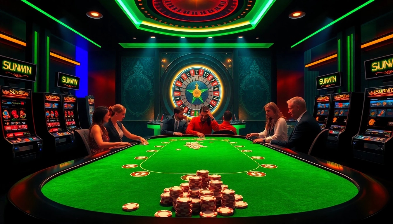 Players enjoying a thrilling poker game at the sunwin casino, surrounded by vibrant slot machines.