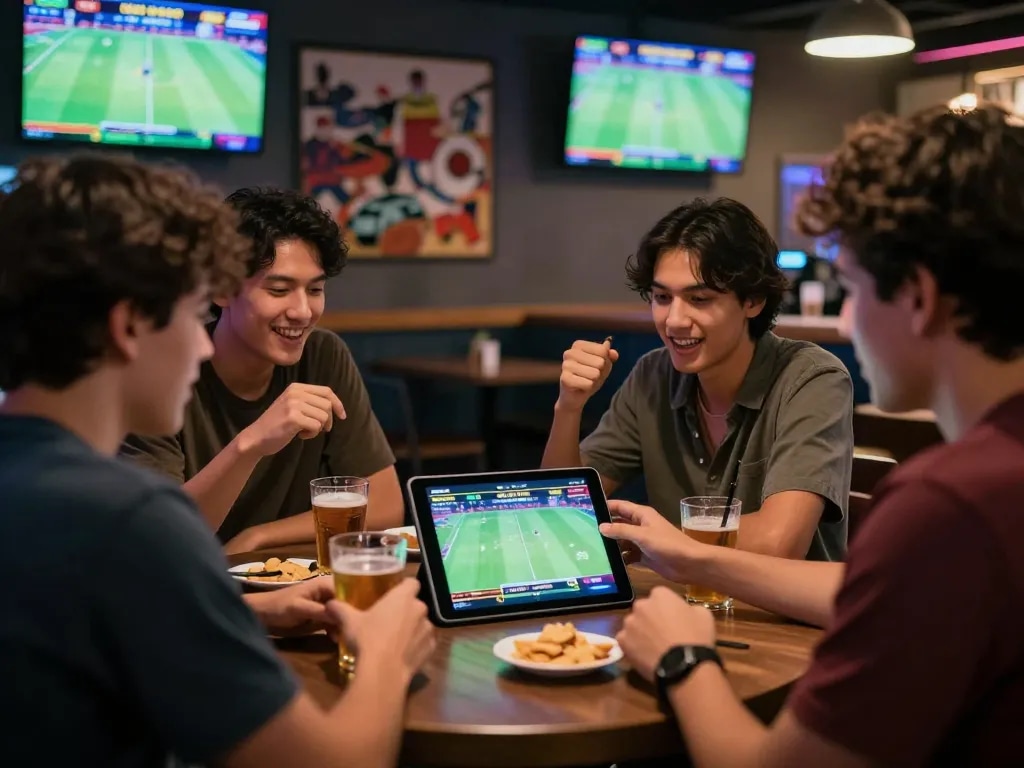 Excited friends analyzing stats for sports betting on 789win app during game night