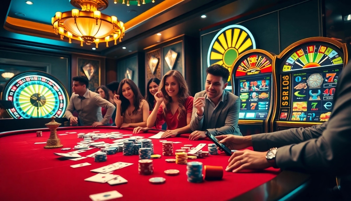 Engaged players enjoying the RR88 online casino experience with vibrant tables and slot machines.