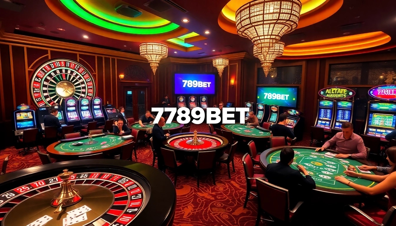 Excited players engaging at tables including poker, roulette, and slot machines in a 789BET casino atmosphere.
