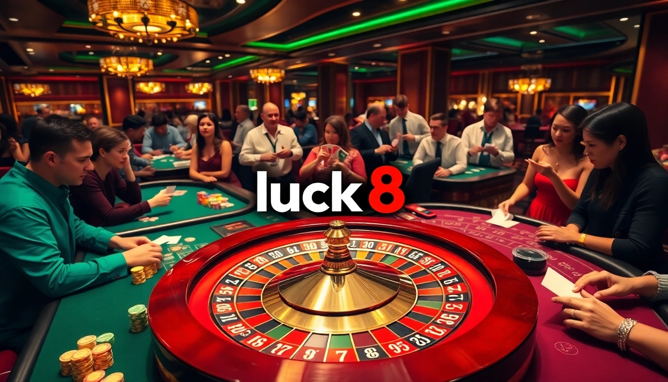 Players enjoying games at luck8 casino with vibrant roulette and poker tables.