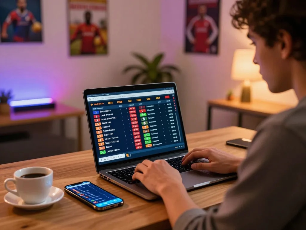 Sports bettor analyzing tỷ lệ kèo nhà cái on laptop, enhancing strategic betting decisions.
