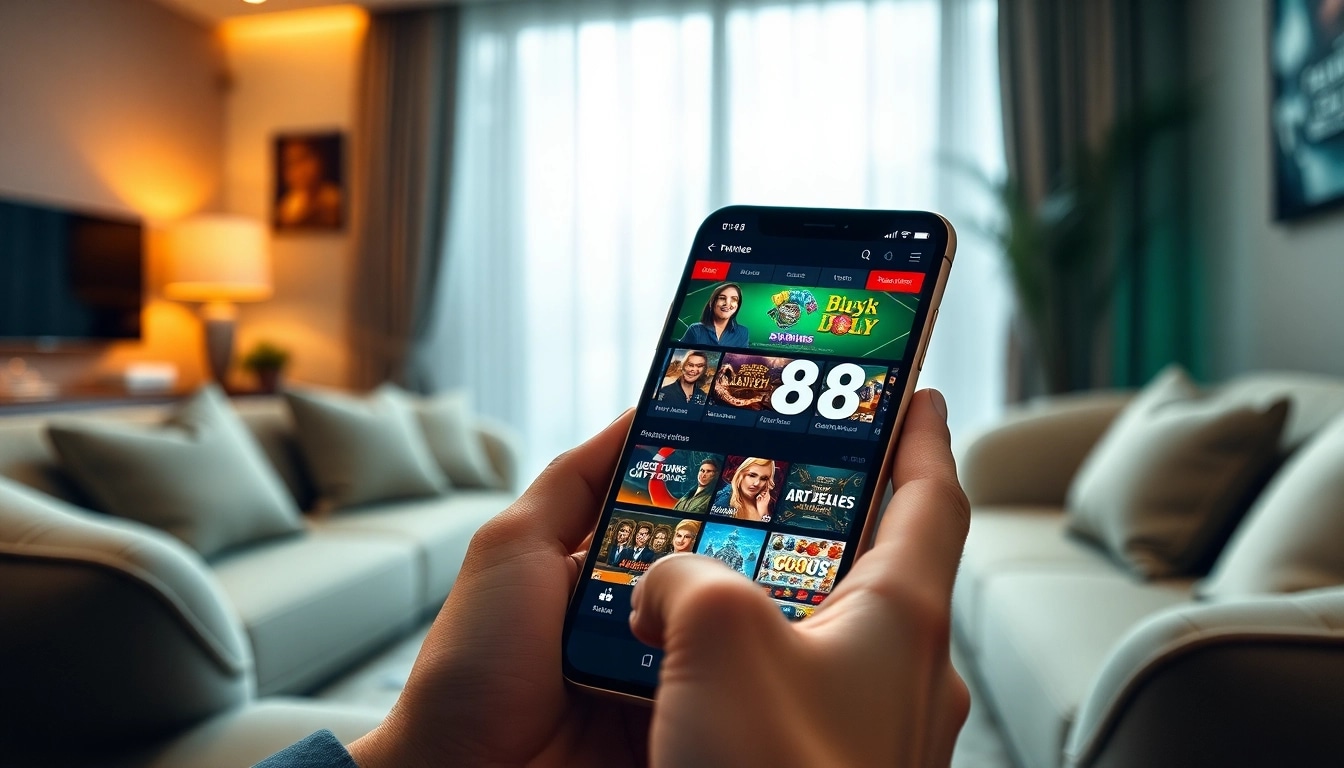 Exciting online gambling experience with the Ho88 platform displayed on a smartphone amidst casino elements.