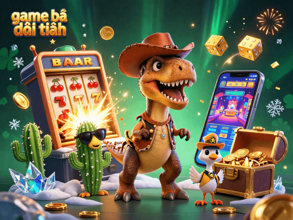 Experience exciting game bài đổi thưởng with a T-Rex cowboy and casino thrills in this vibrant 3D scene.