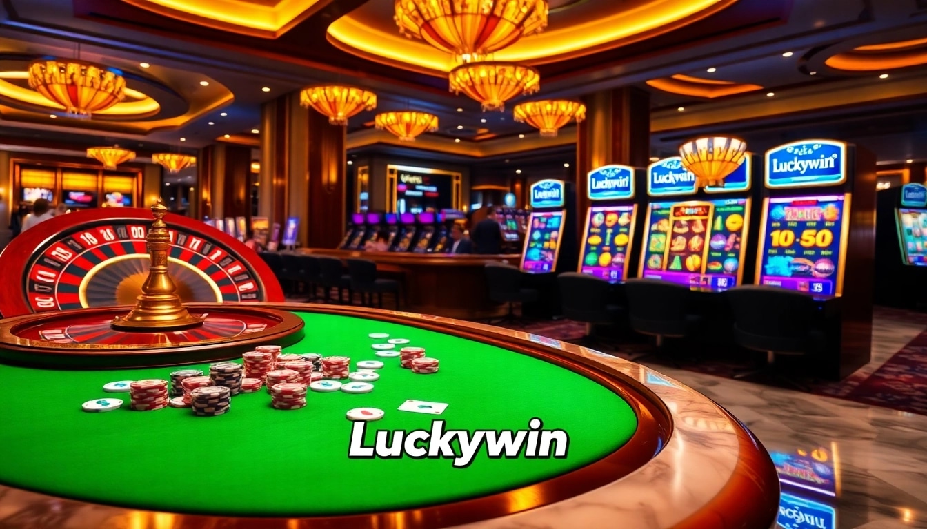 Luckywin poker table scene with vibrant chips and a dynamic roulette wheel.