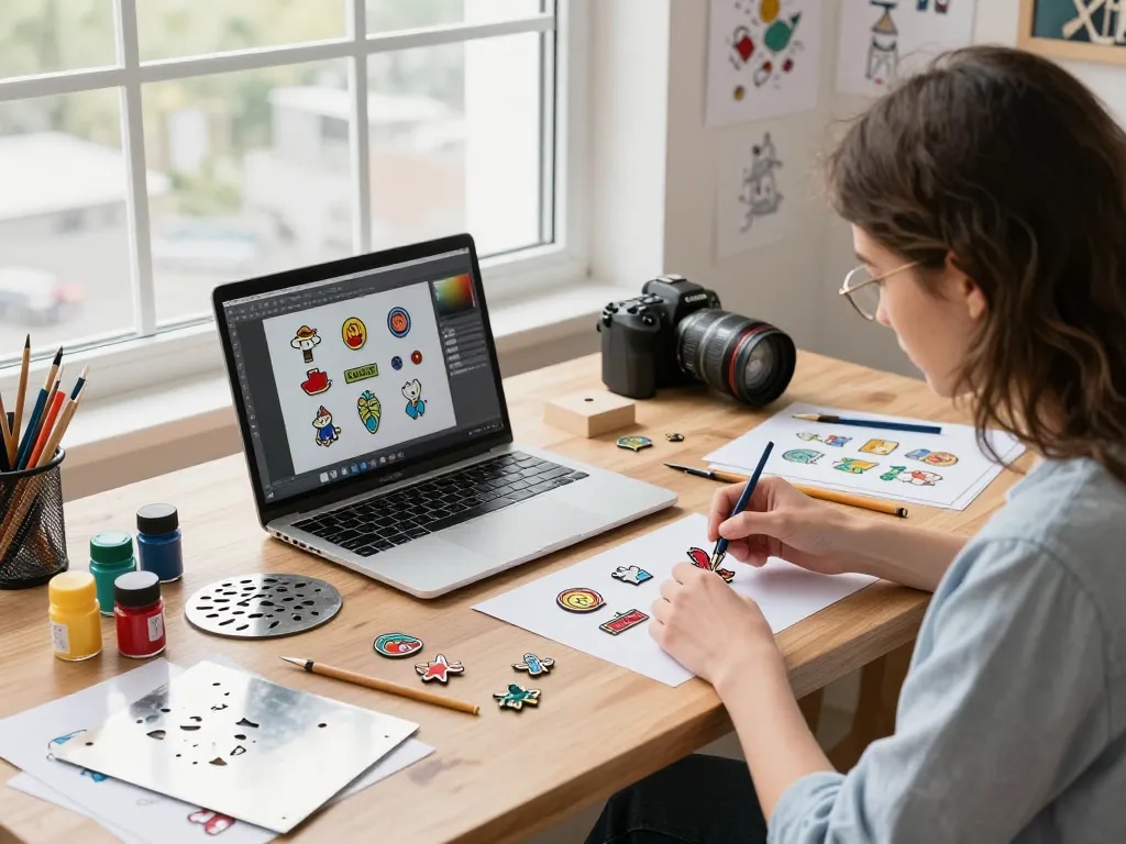 Creative artist designing custom enamel pins in a bright studio setting.