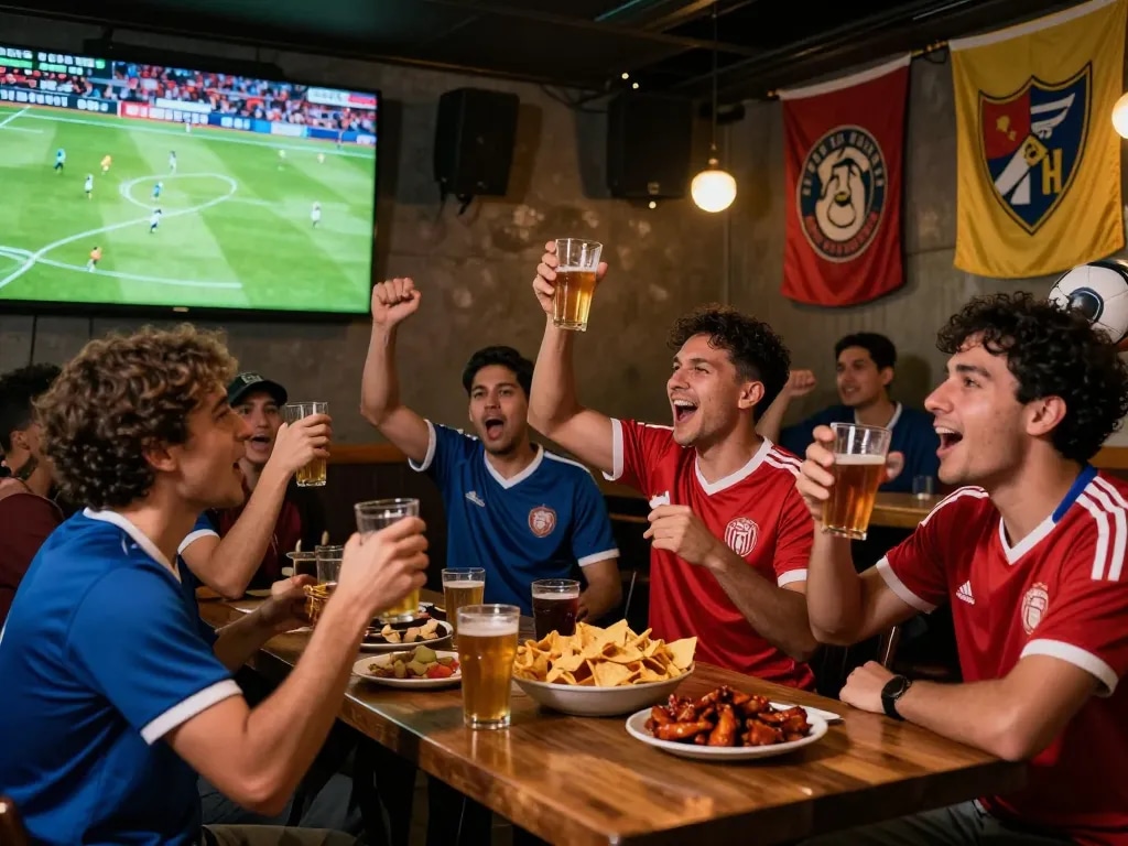Fans passionately cheering during a live soccer match on Okwintv in a lively sports bar, filled with excitement and camaraderie.