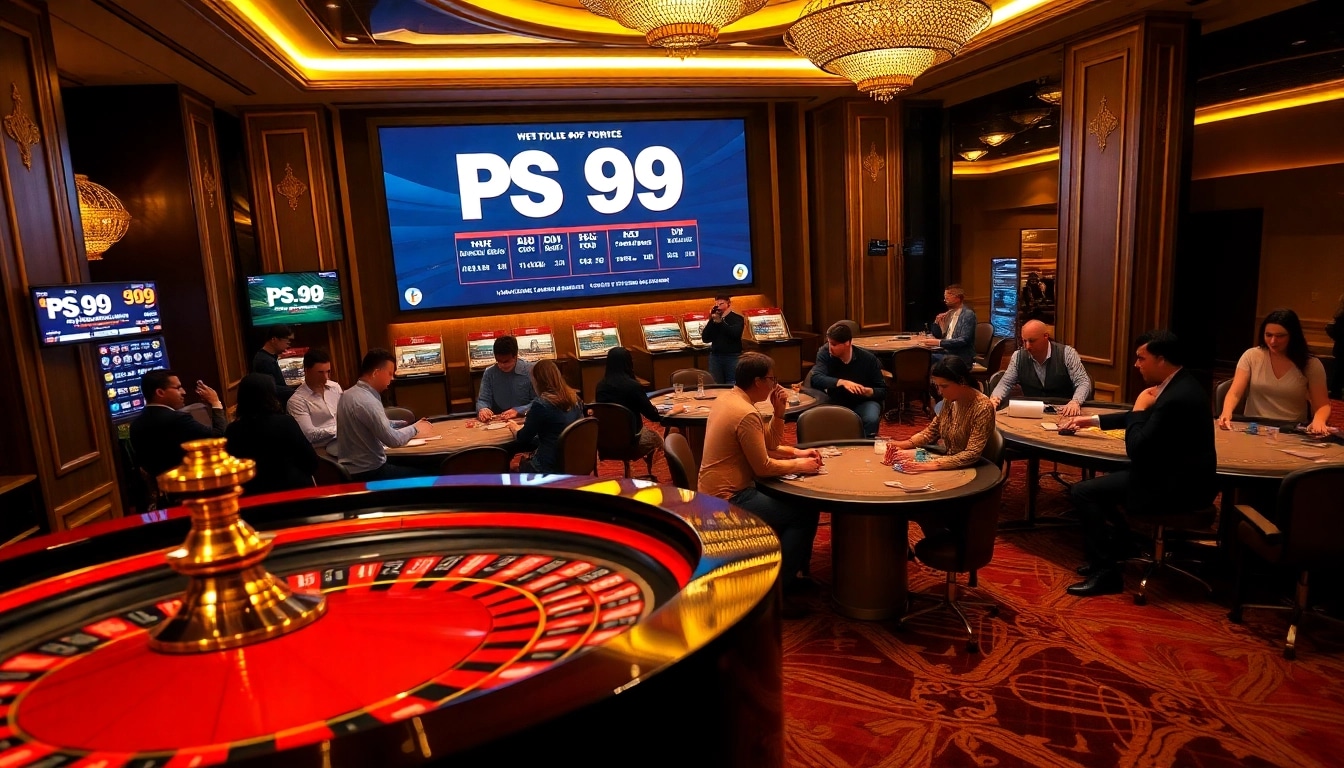 Experience the excitement of PS99 with players enjoying roulette and poker in a luxurious casino environment.