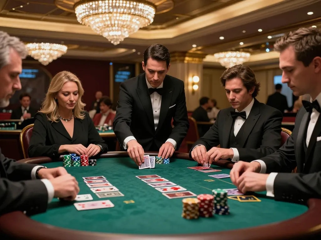 Engaging players at a blackjack table focused on their strategies at https://cak-t.com/ in an upscale casino.