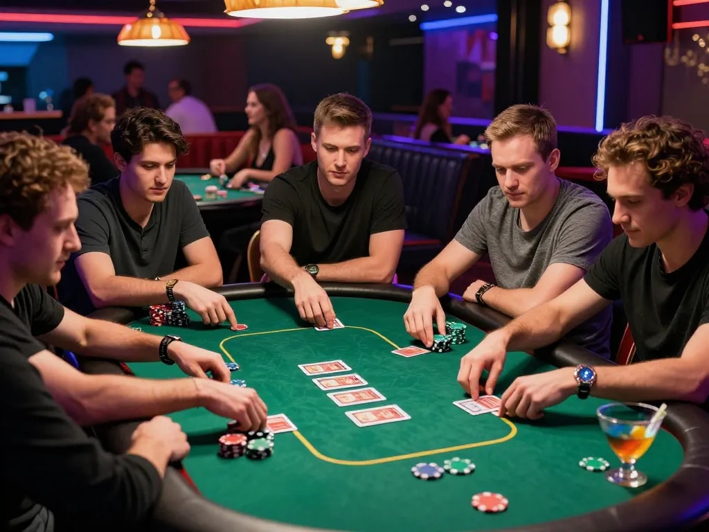 Bomwin players enjoying an intense poker game in a vibrant casino atmosphere.