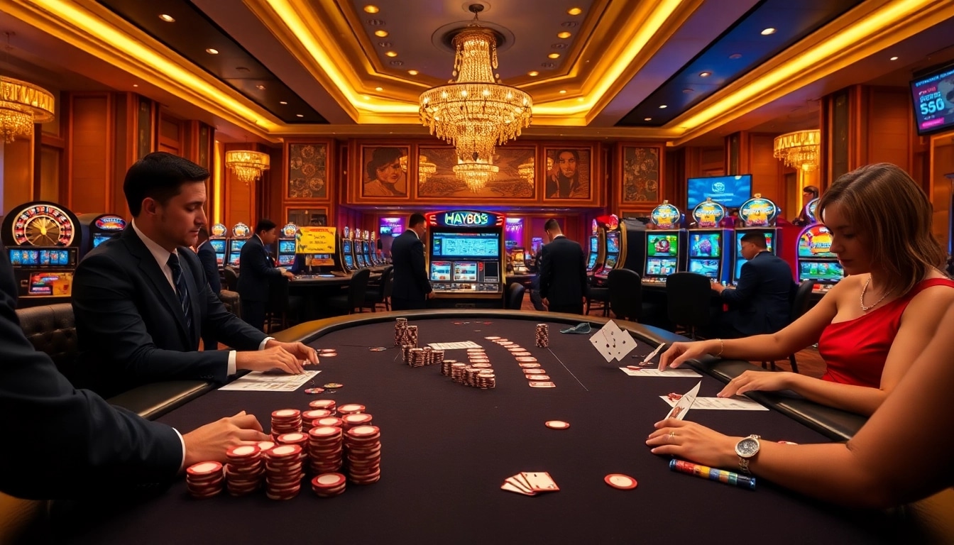 Engaging gamblers at Hay88 with a vibrant poker scene showing chips and cards.
