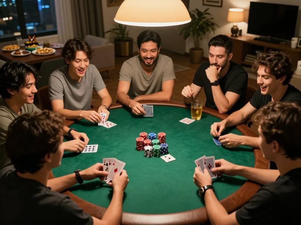 A thrilling home poker game with friends showcasing strategic gameplay, featuring 789BET action and colorful chips.