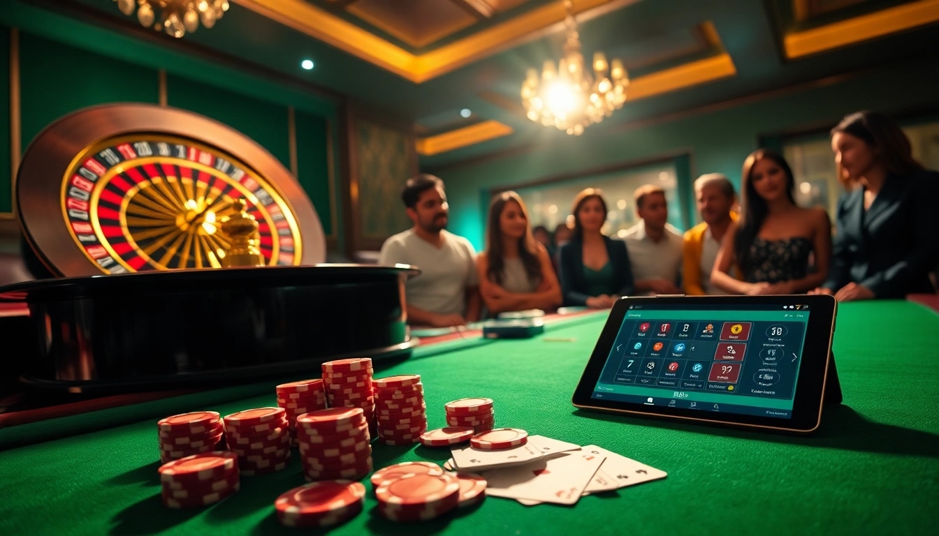 Gambling excitement at the 888b casino with poker chips, cards, and a roulette wheel.