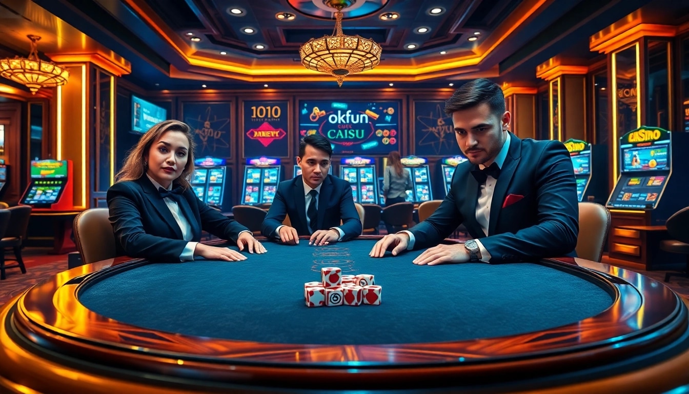 Players enjoying a game of poker in a luxurious setting at okfun casino, with chips and dice highlighting the thrill of gambling.