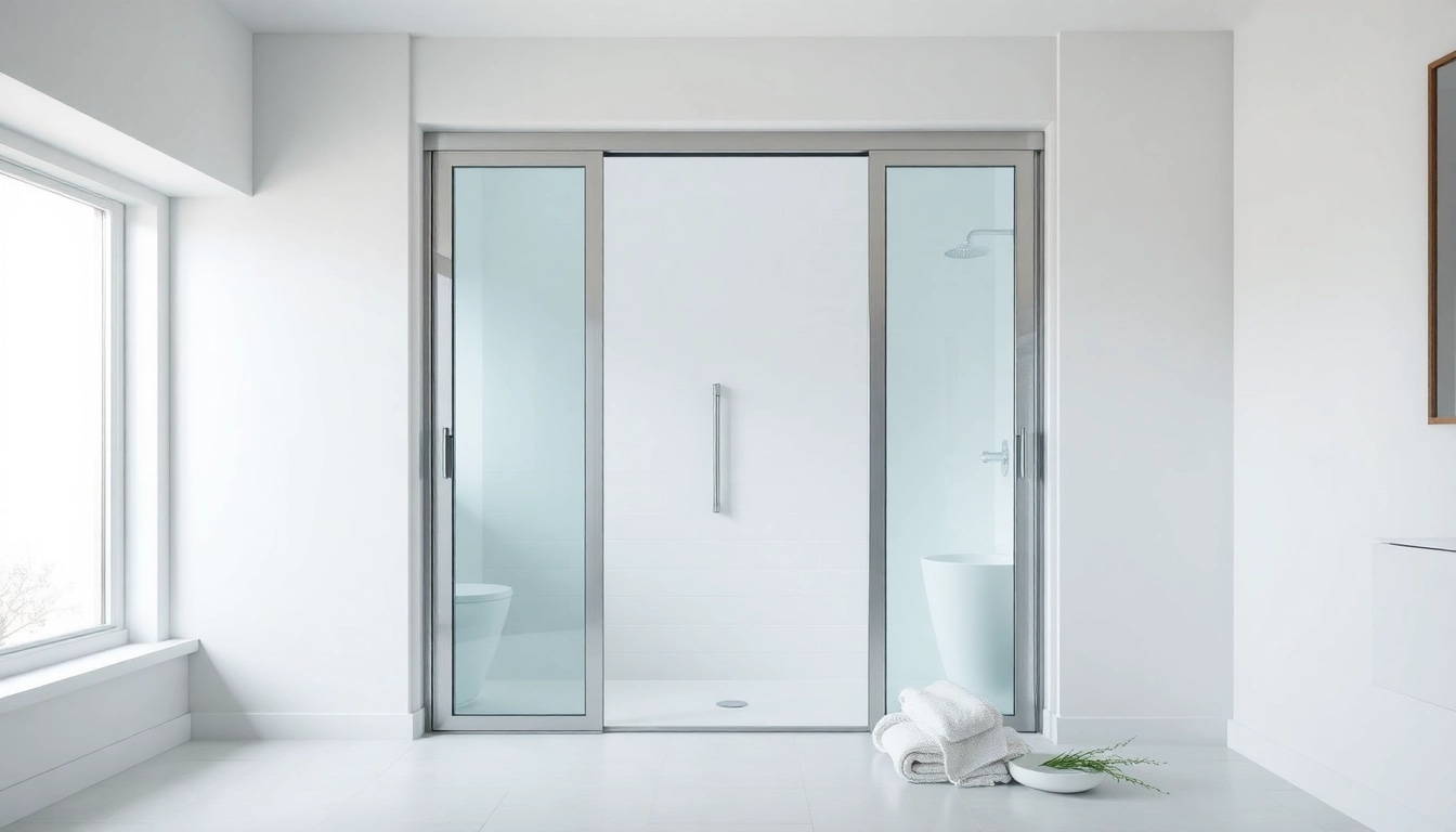 Elegant sliding shower doors enhancing a modern bathroom space with minimalist design.