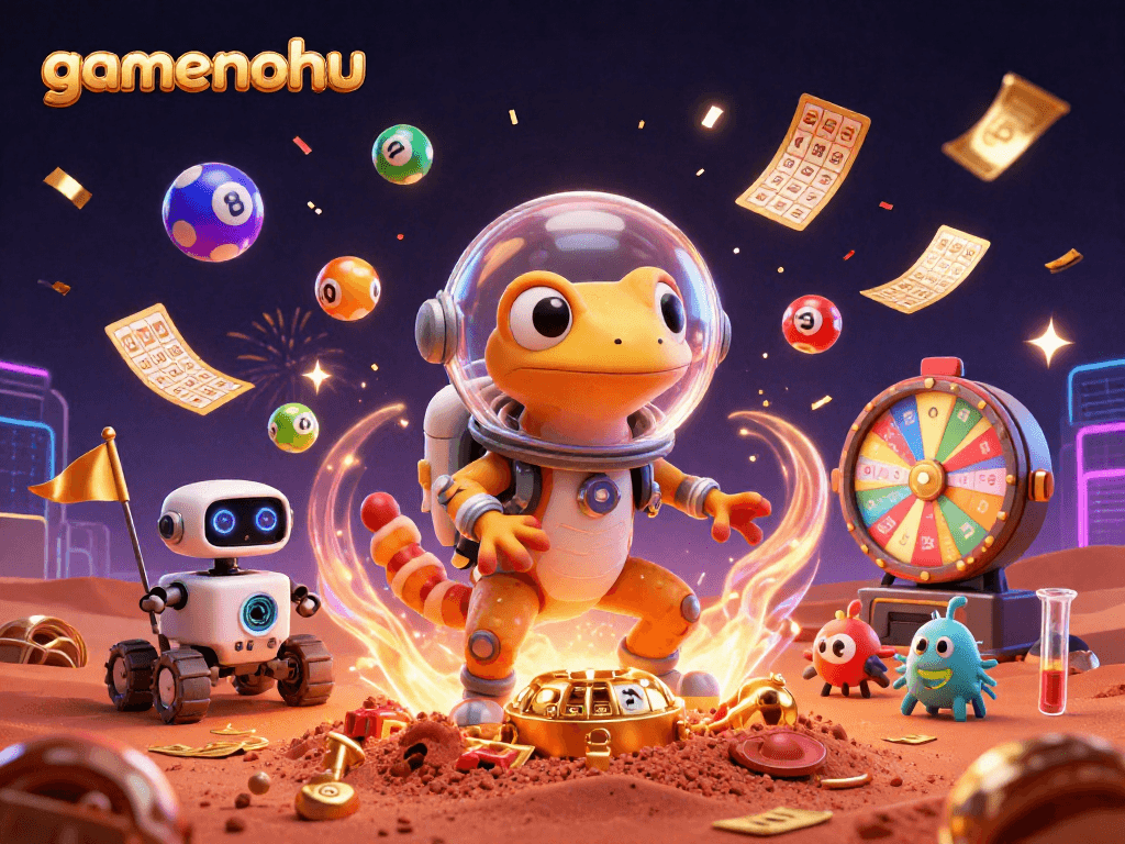 Win exciting jackpots at gamenohu with a vibrant casino scene featuring alien characters and dynamic game elements.