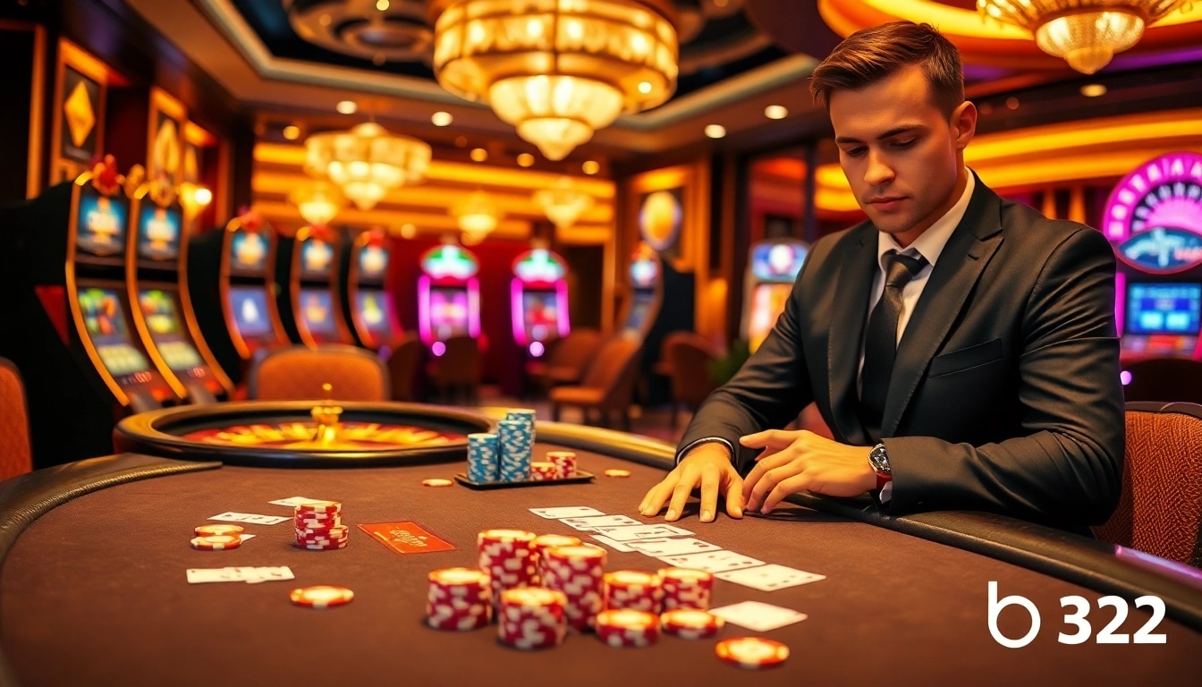 Players enjoy a thrilling poker game at B52 casino, surrounded by vibrant slot machines.