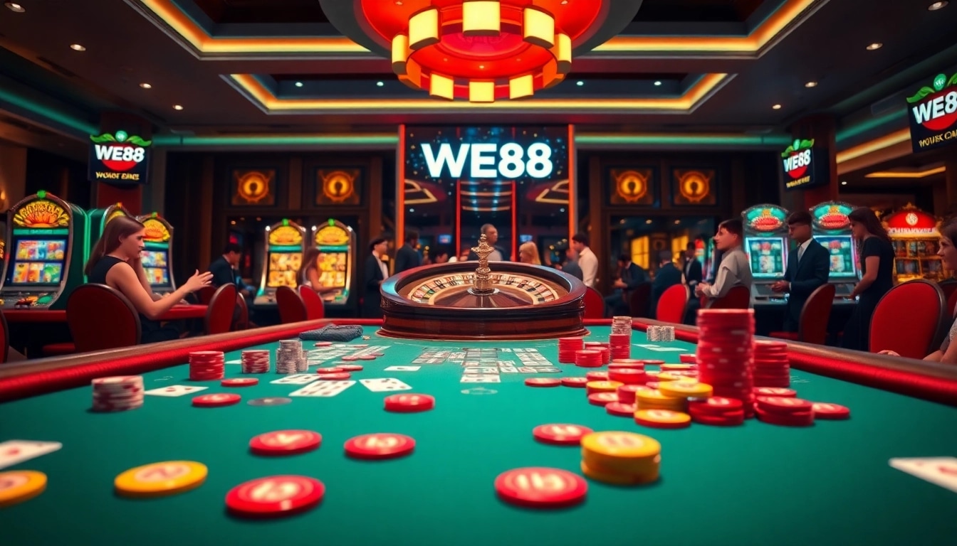 WE88 gaming table surrounded by excited players, vibrant chips, and a thrilling casino atmosphere.