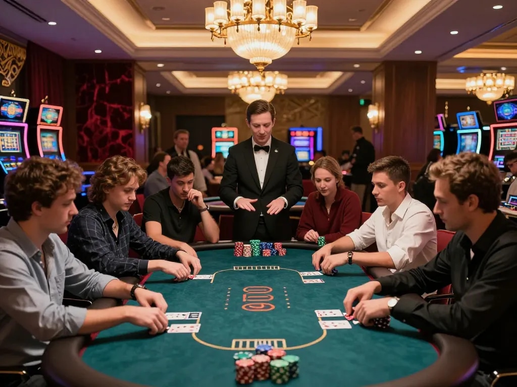 Players strategizing at a poker table in a luxury casino, showcasing intense gameplay at 789win.