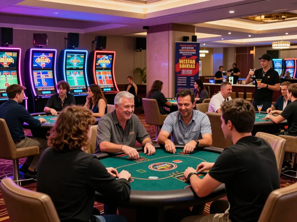 nk88 online gambling scene with excited players at vibrant casino tables, showcasing engaging gaming experience