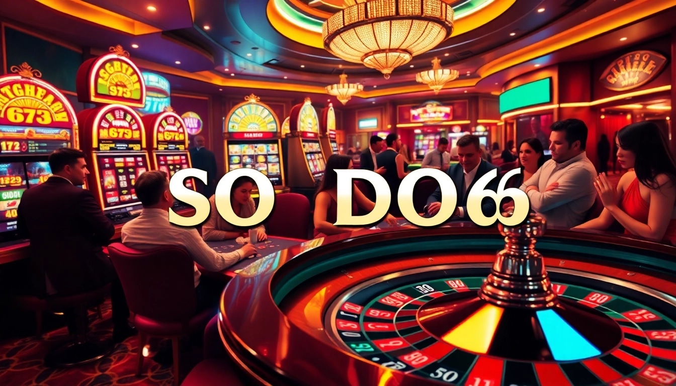 SODO66 casino scene featuring excited players at a poker table, luxurious slot machines, and a lively atmosphere.