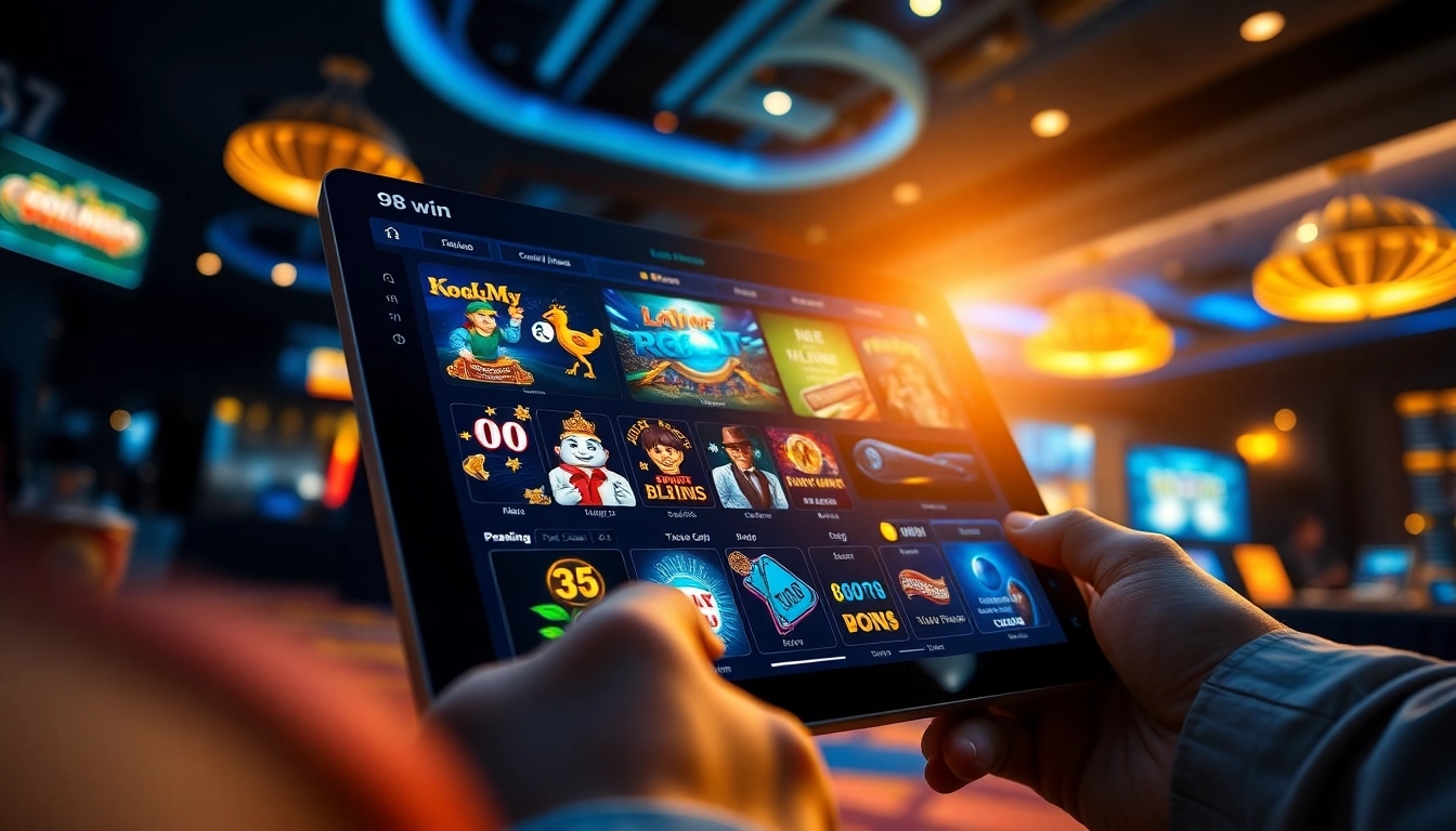 Exciting online gaming experience at 98win with vibrant interface and player celebrating victory.