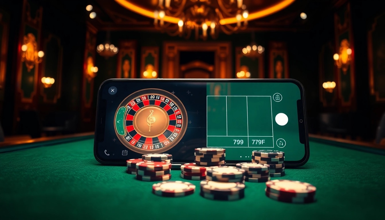 Mobile gambling with 789F casino interface and poker chips on a luxurious table