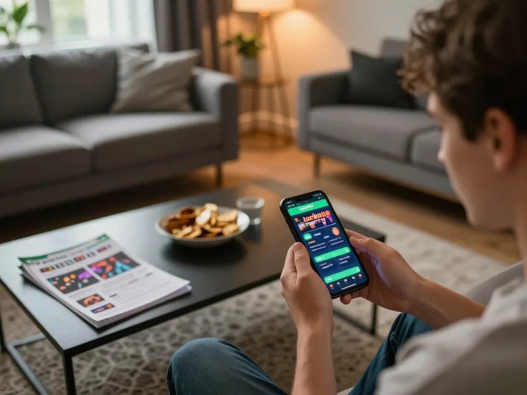 Engaging with the Lucky88 mobile app in a stylish home gaming setup, showcasing a relaxed atmosphere
