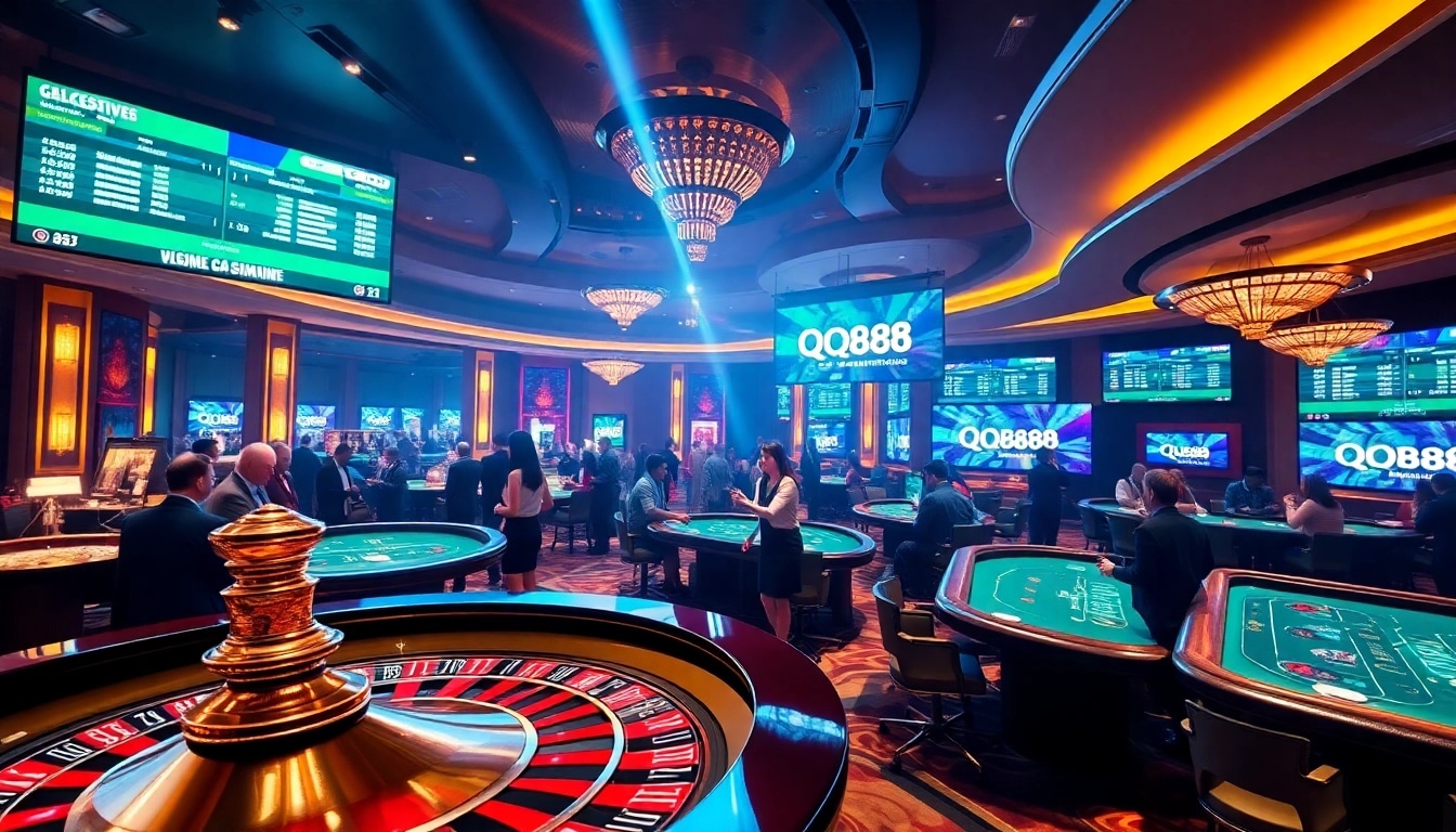 Players engaging at QQ88 casino tables with a roulette wheel and betting slips.
